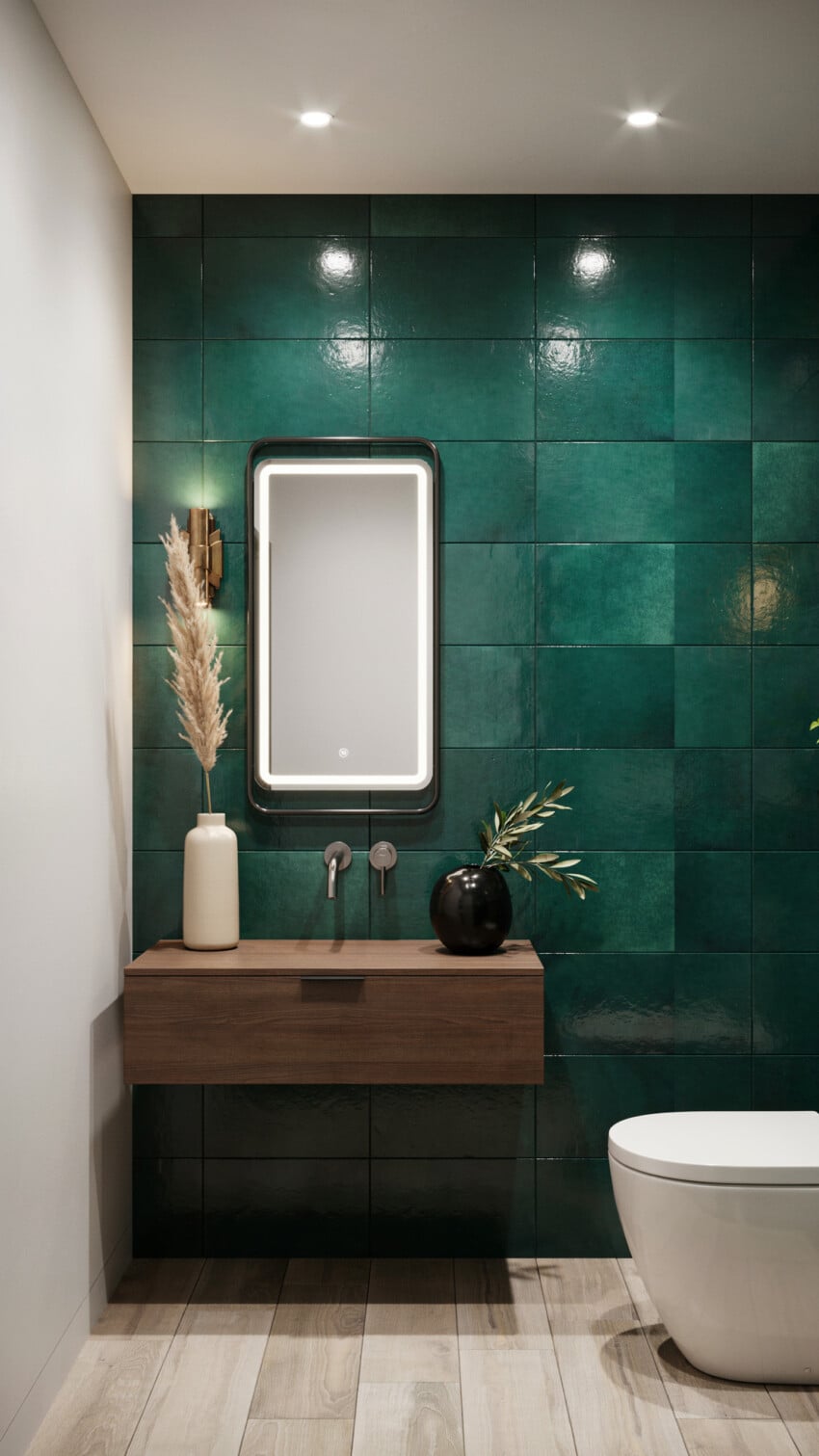 Art Deco Powder Room with emerald and teal zellige tiles