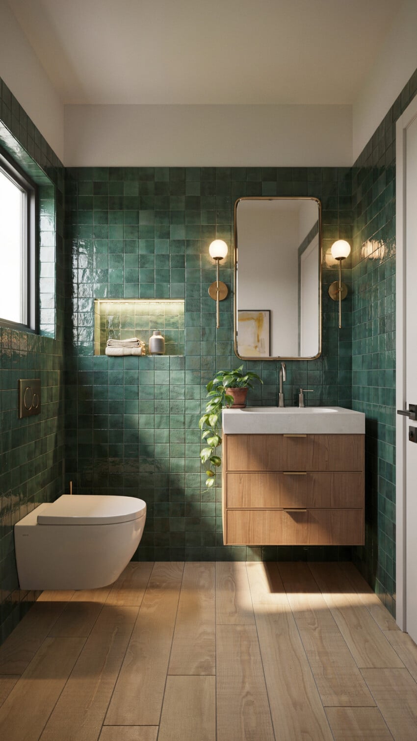 Art Deco Powder Room with emerald green square tiles