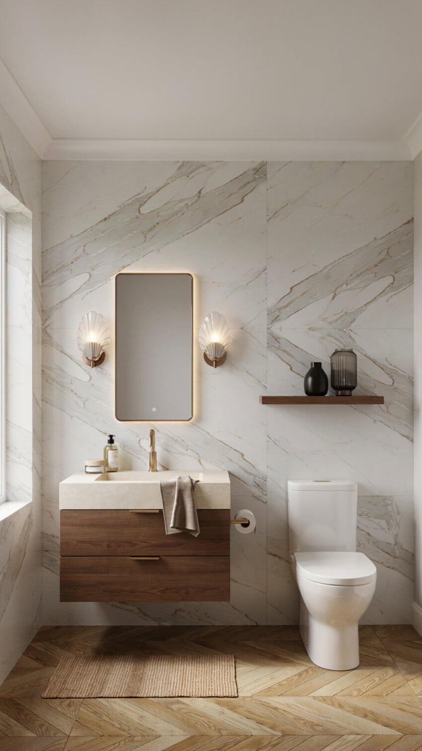 Art Deco Powder Room with dramatic marble wall cladding