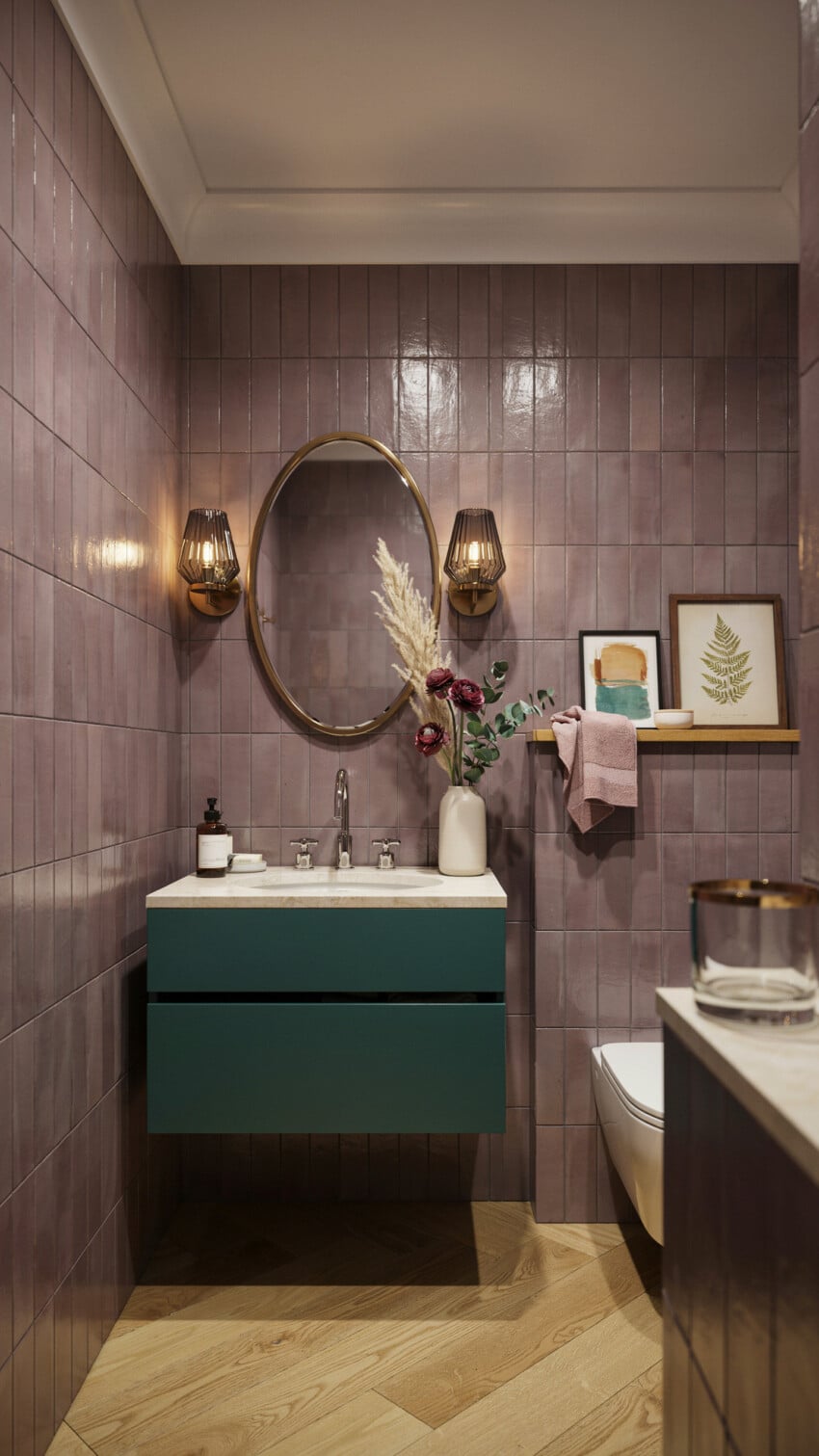 Art Deco Powder Room with dusty mauve zellige tiles