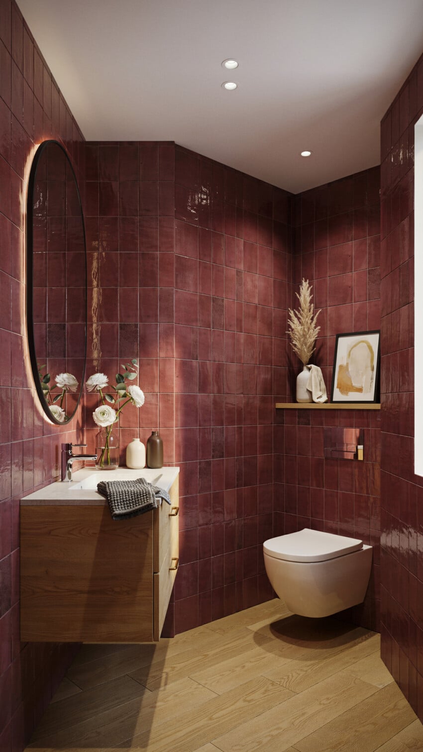 Art Deco Powder Room with burgundy zellige tiles