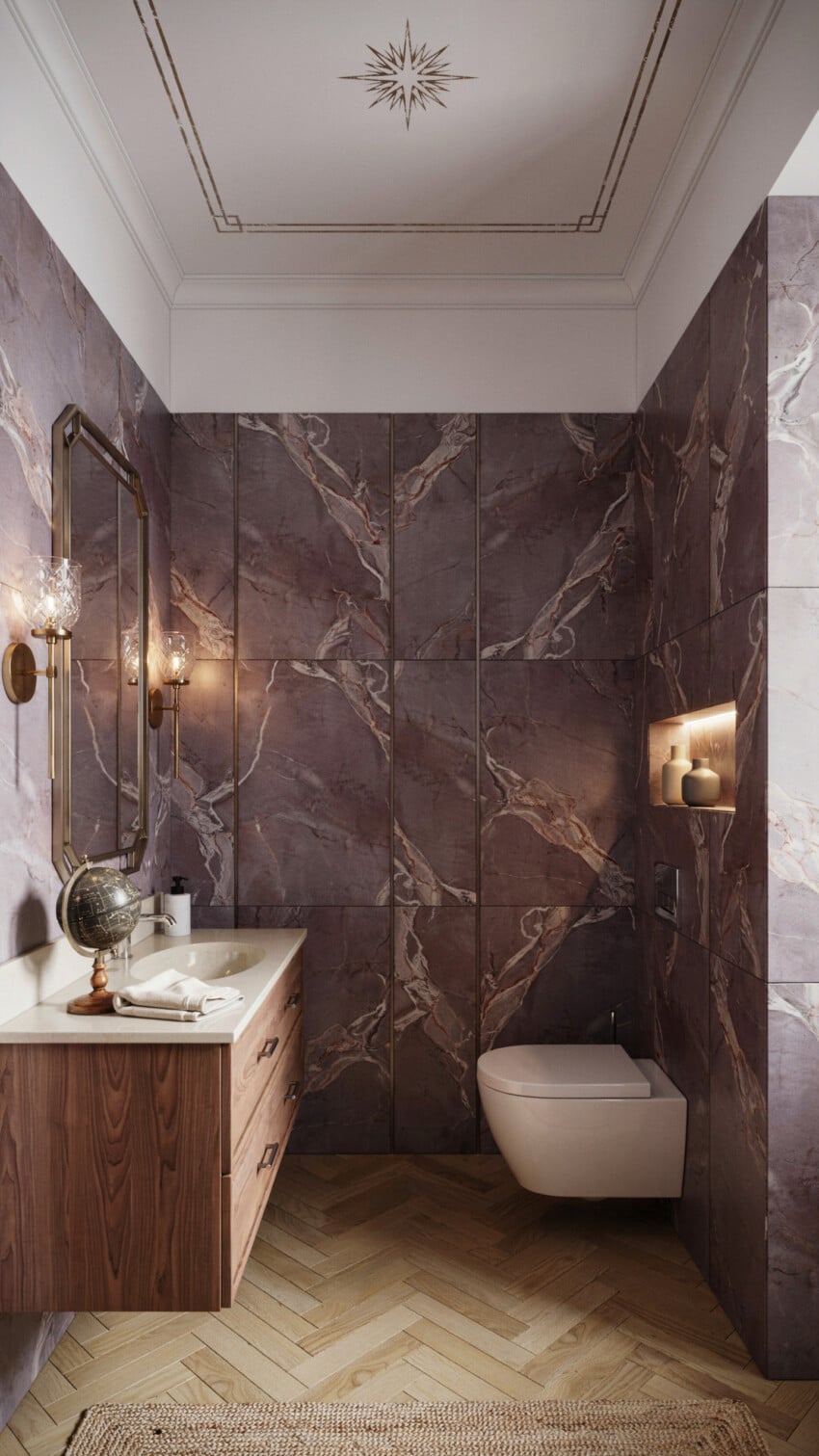 Art Deco Powder Room with deep burgundy mauve marble