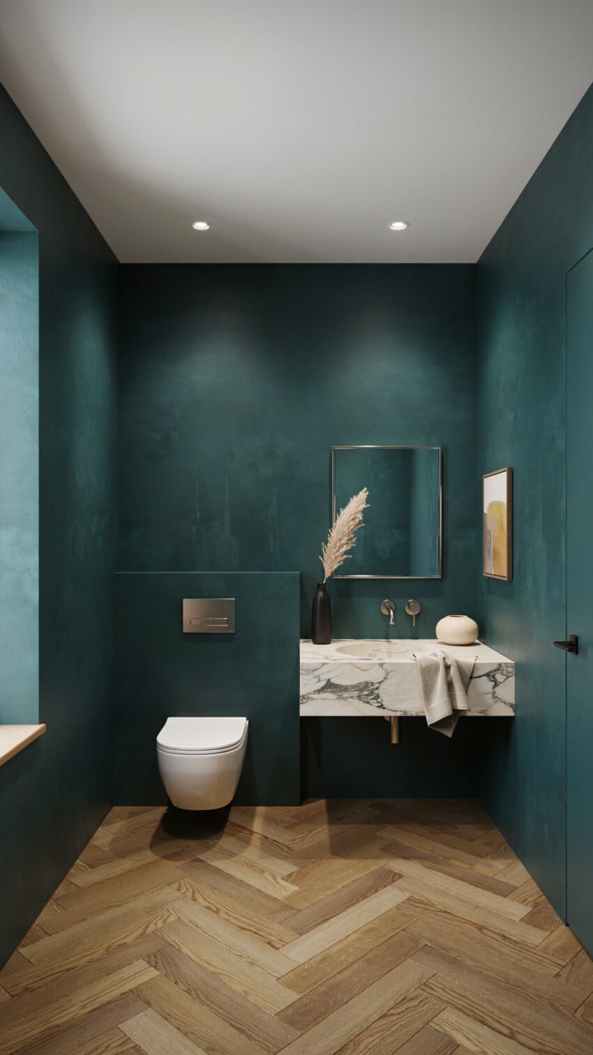 Art Deco Powder Room with deep teal matte walls