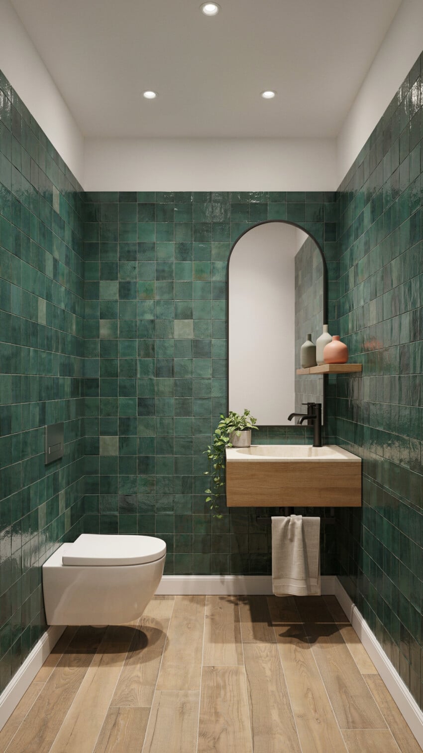 Art Deco Powder Room with deep emerald zellige tiles