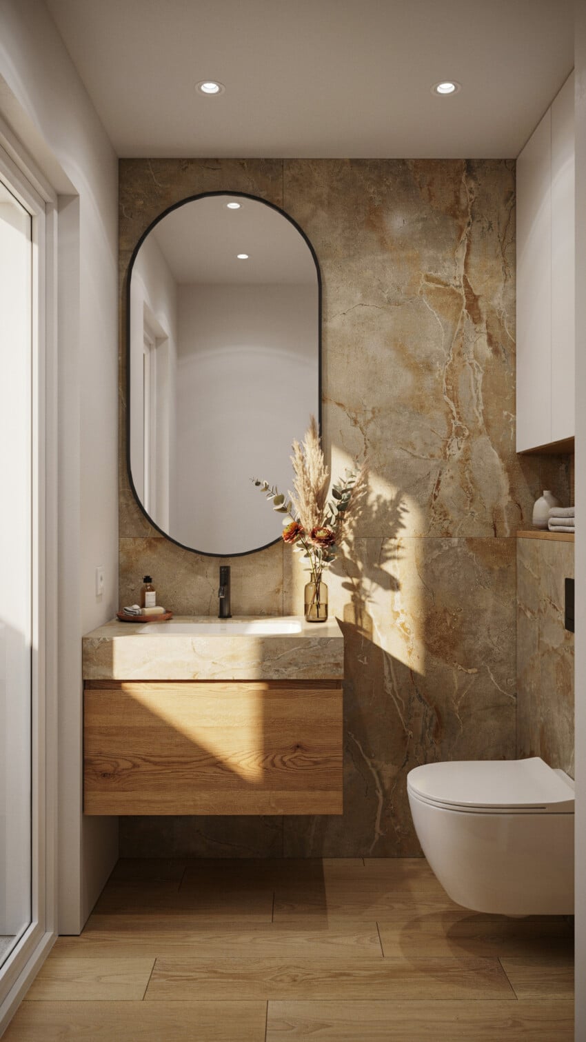 Art Deco Powder Room with large format marble effect tiles