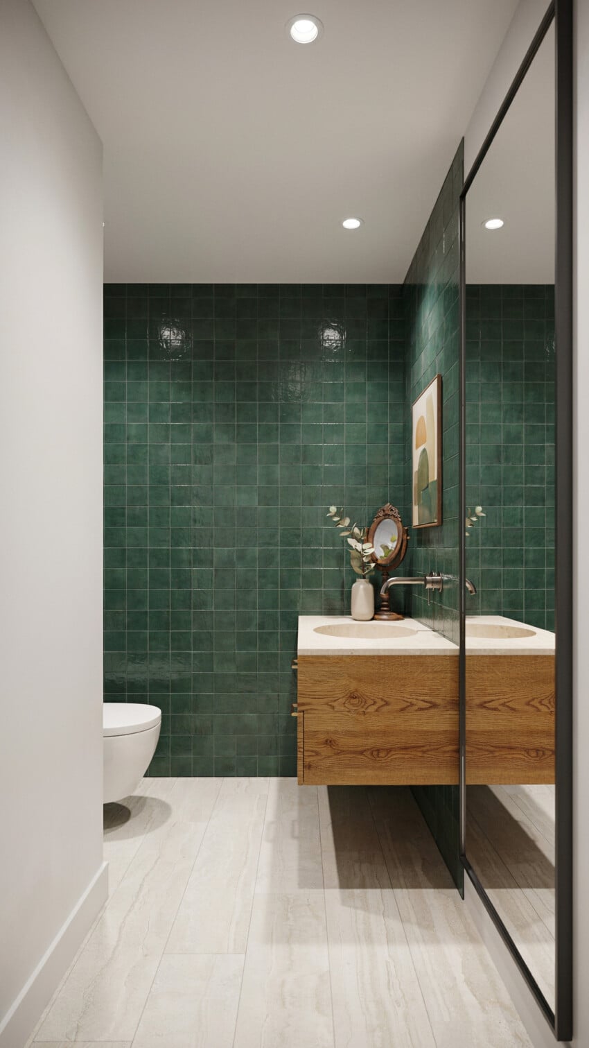 Art Deco Powder Room with emerald green zellige tiles
