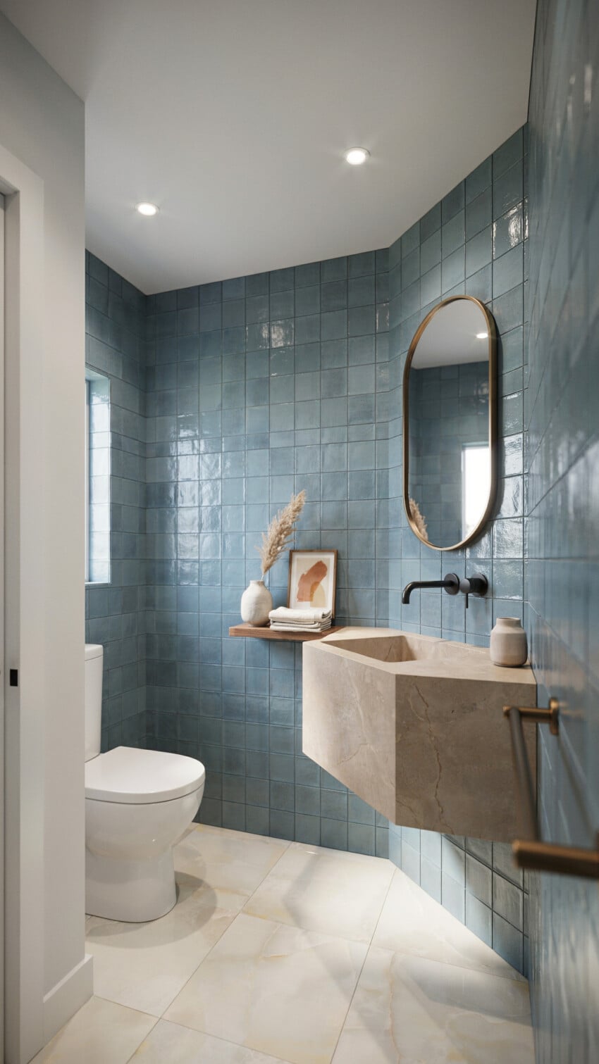 Art Deco Powder Room with glossy blue-grey square tiles