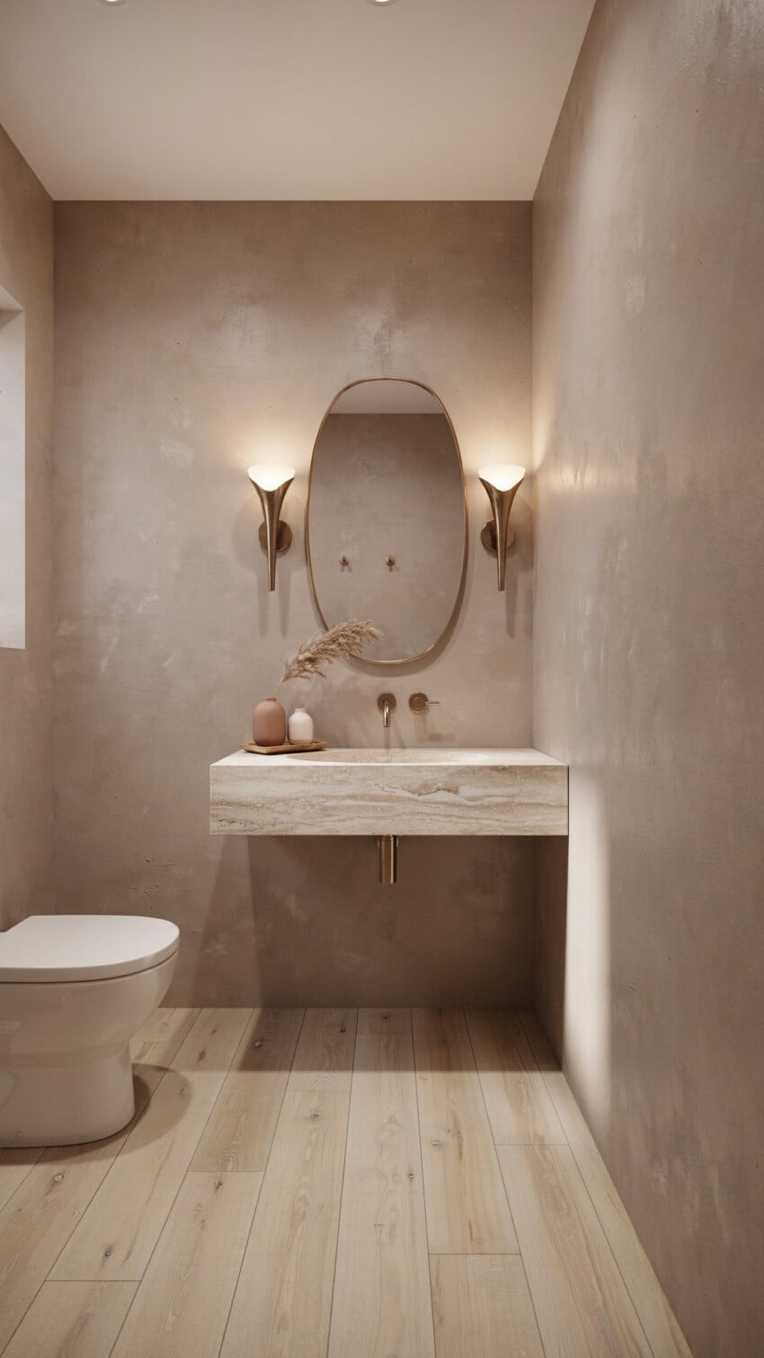 Art Deco Powder Room with tactile taupe plaster walls