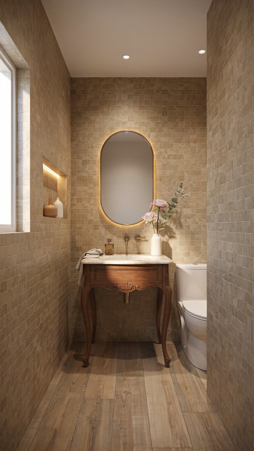 Art Deco Powder Room with soft beige mosaic tiles