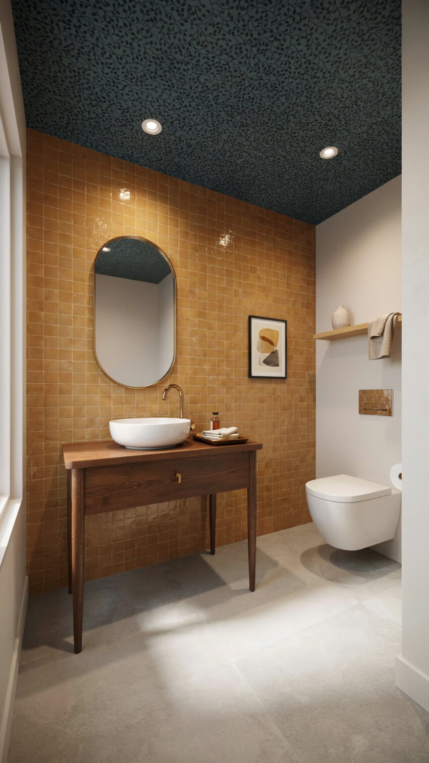 Modern Contemporary Powder Room with warm amber zellige tiles