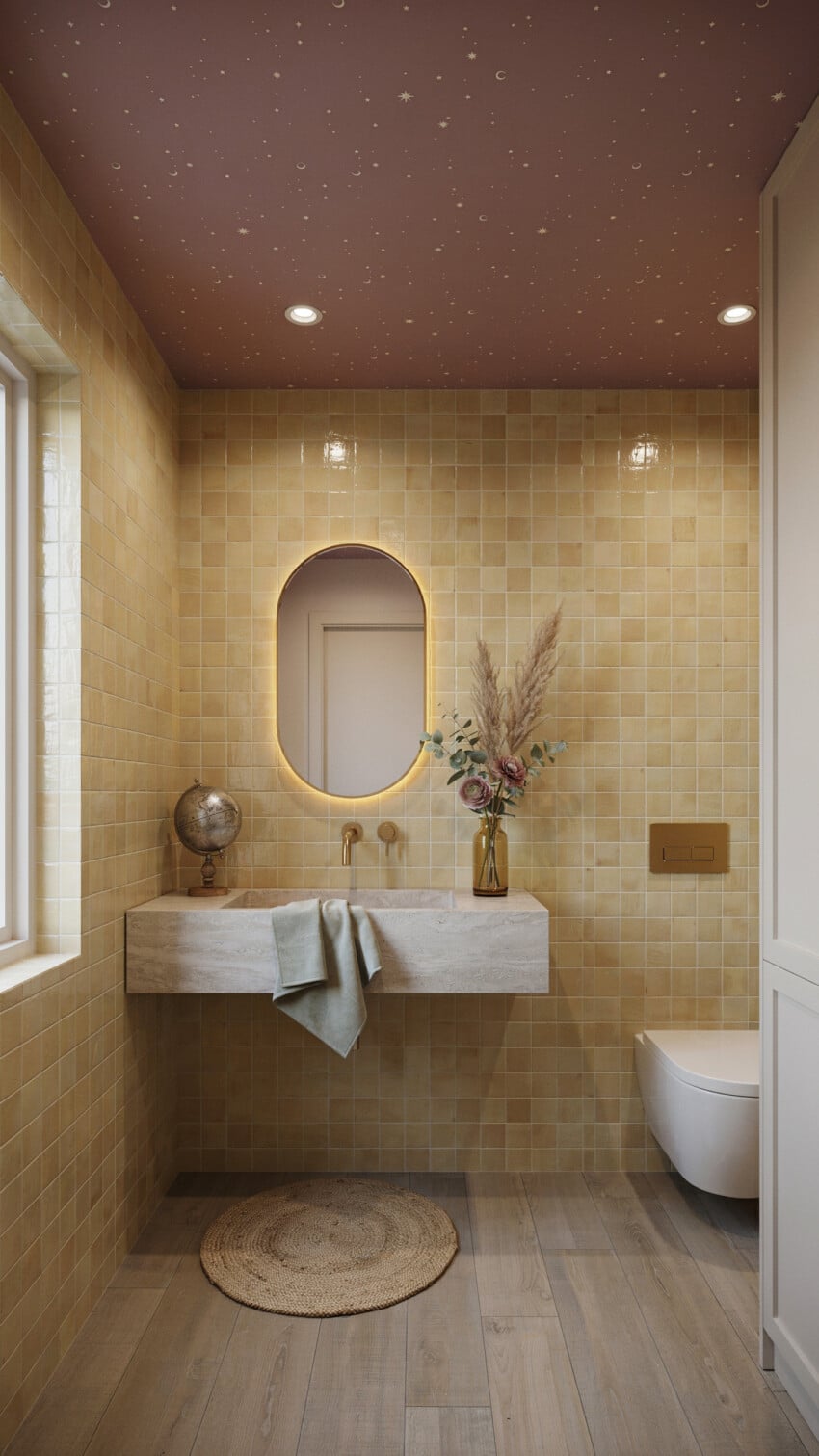 Modern Contemporary Powder Room with warm golden zellige tiles
