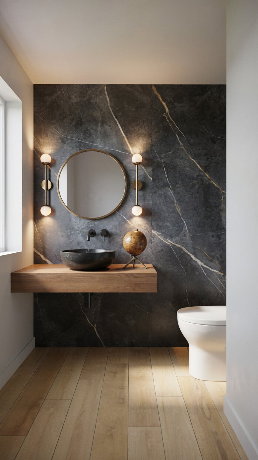 Modern Contemporary Powder Room with dark marble accent wall