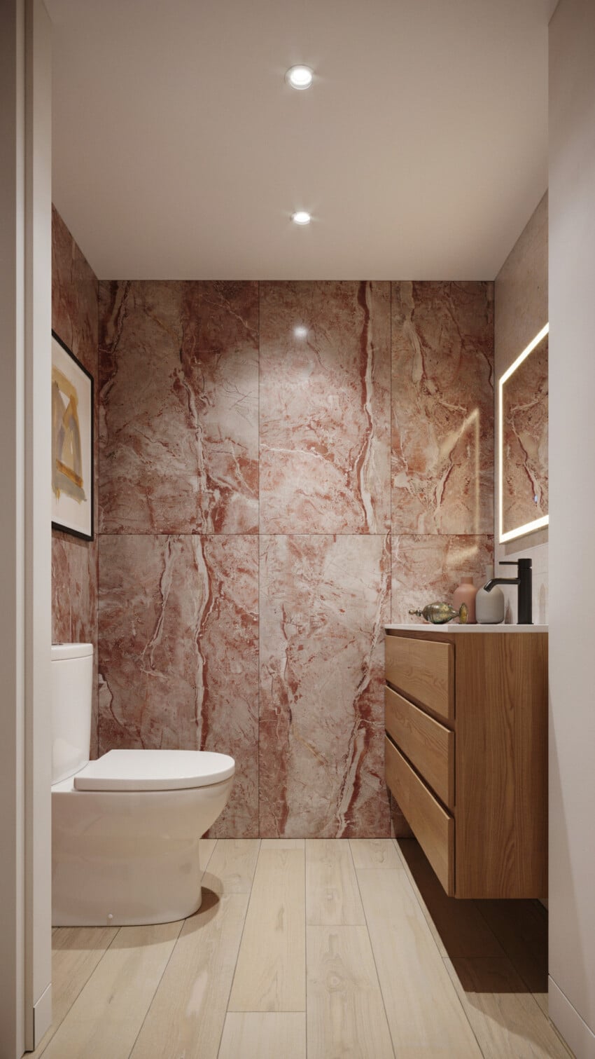 Modern Contemporary Powder Room with rose marble tiles