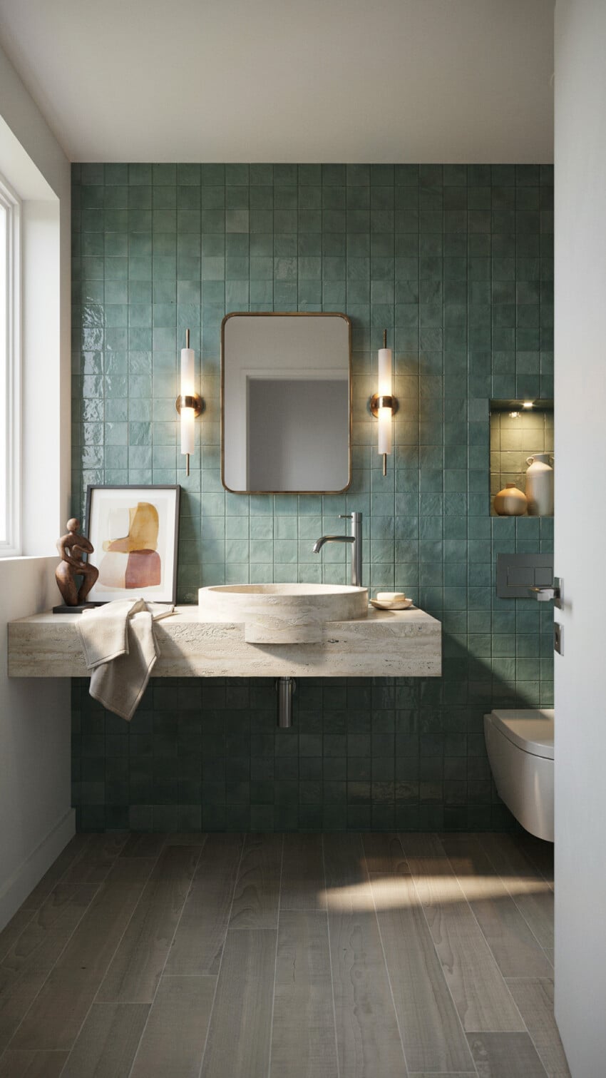 Modern Contemporary Powder Room with teal green zellige tiles