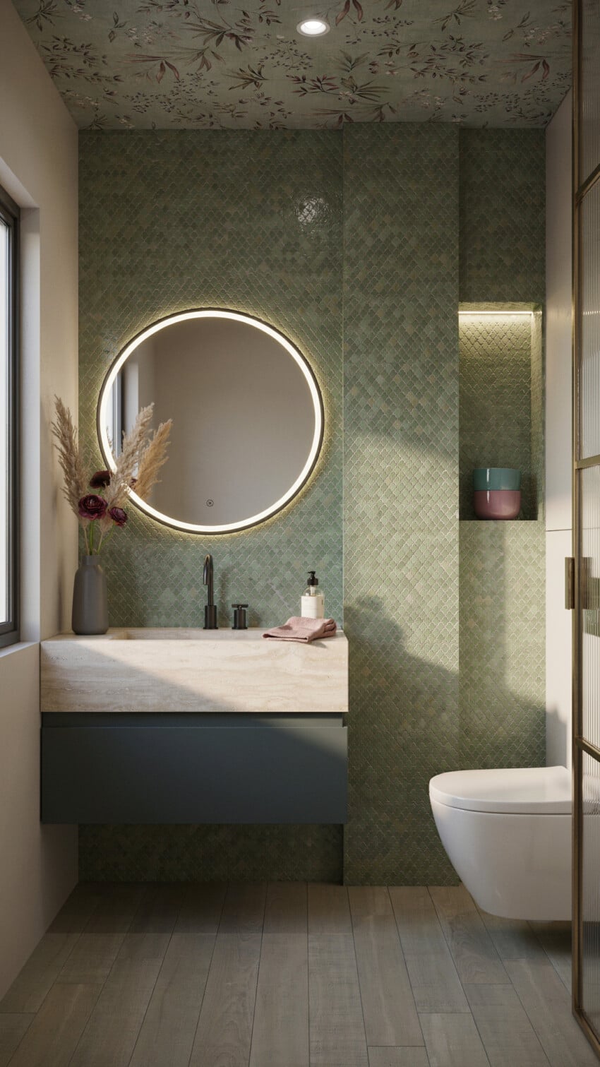 Modern Contemporary Powder Room with sage green diamond mosaic tiles