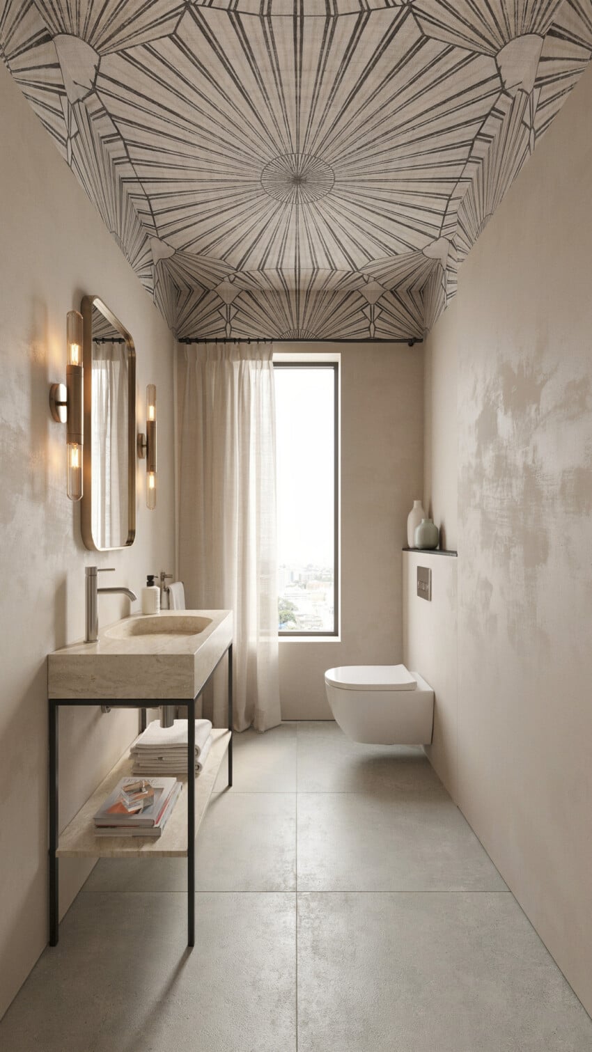 Neo Deco Powder Room with warm textured plaster walls