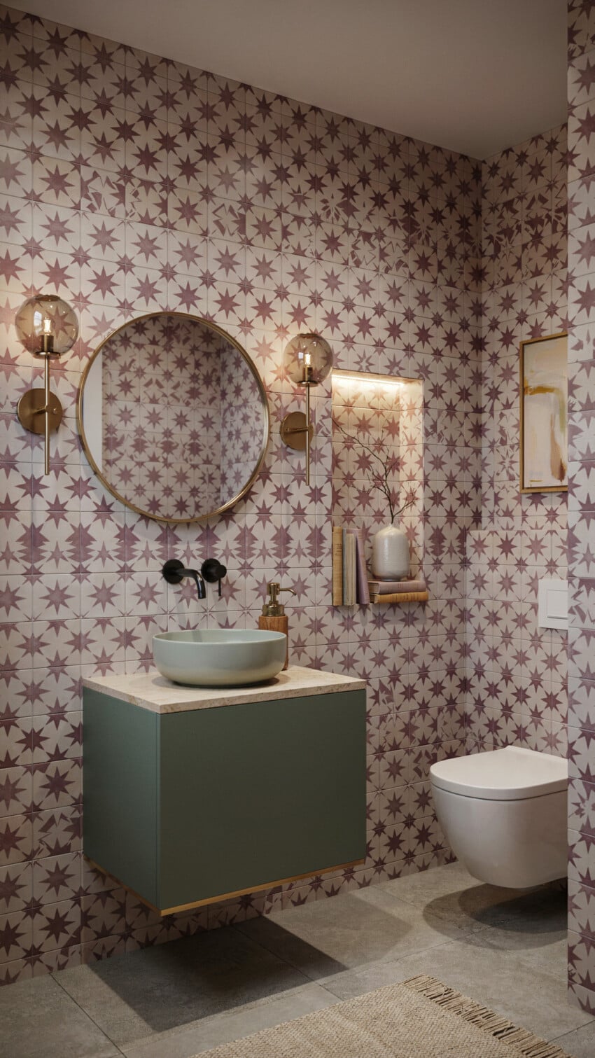 Neo Deco Powder Room with dusty rose star tiles