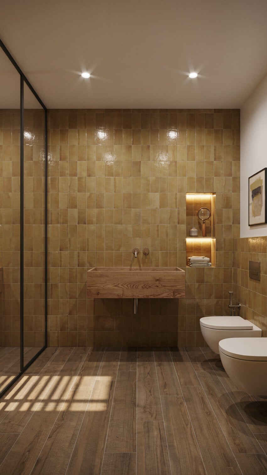Neo Deco Powder Room with glazed square amber tiles