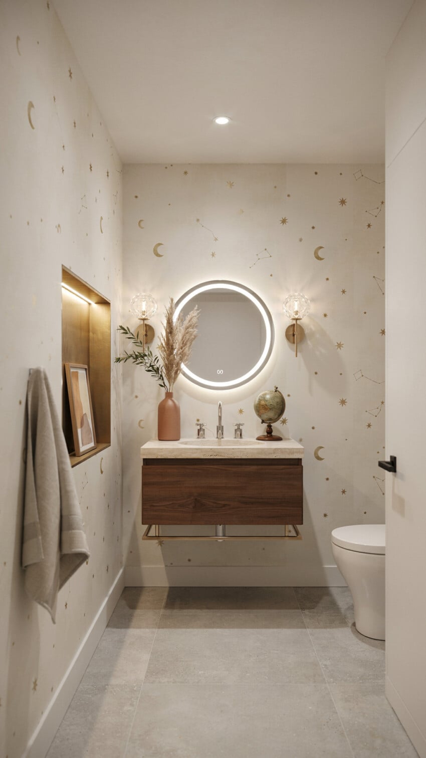 Neo Deco Powder Room with celestial cream wallpaper