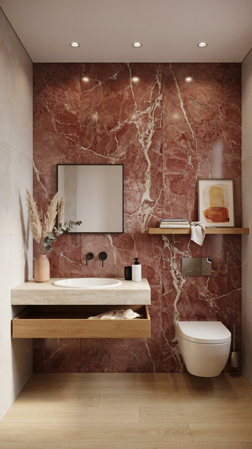 Neo Deco Powder Room with red marble feature wall