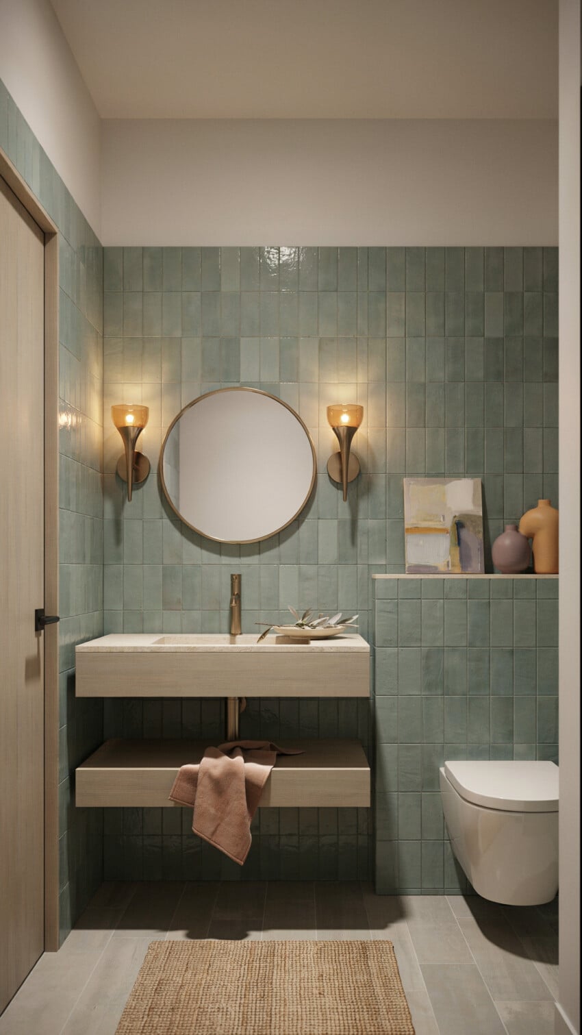 Neo Deco Powder Room with sage green zellige tiles