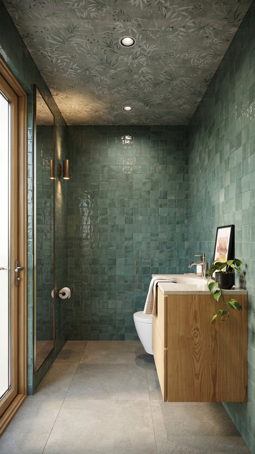 Refined Eclectic Powder Room with glossy green zellige tiles