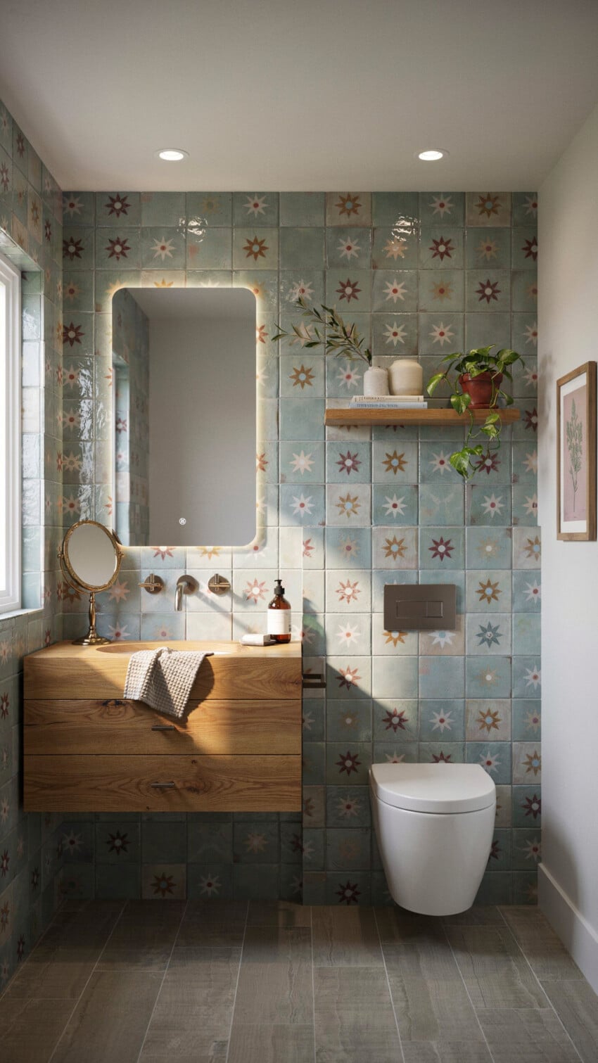 Refined Eclectic Powder Room with sage green patterned tiles