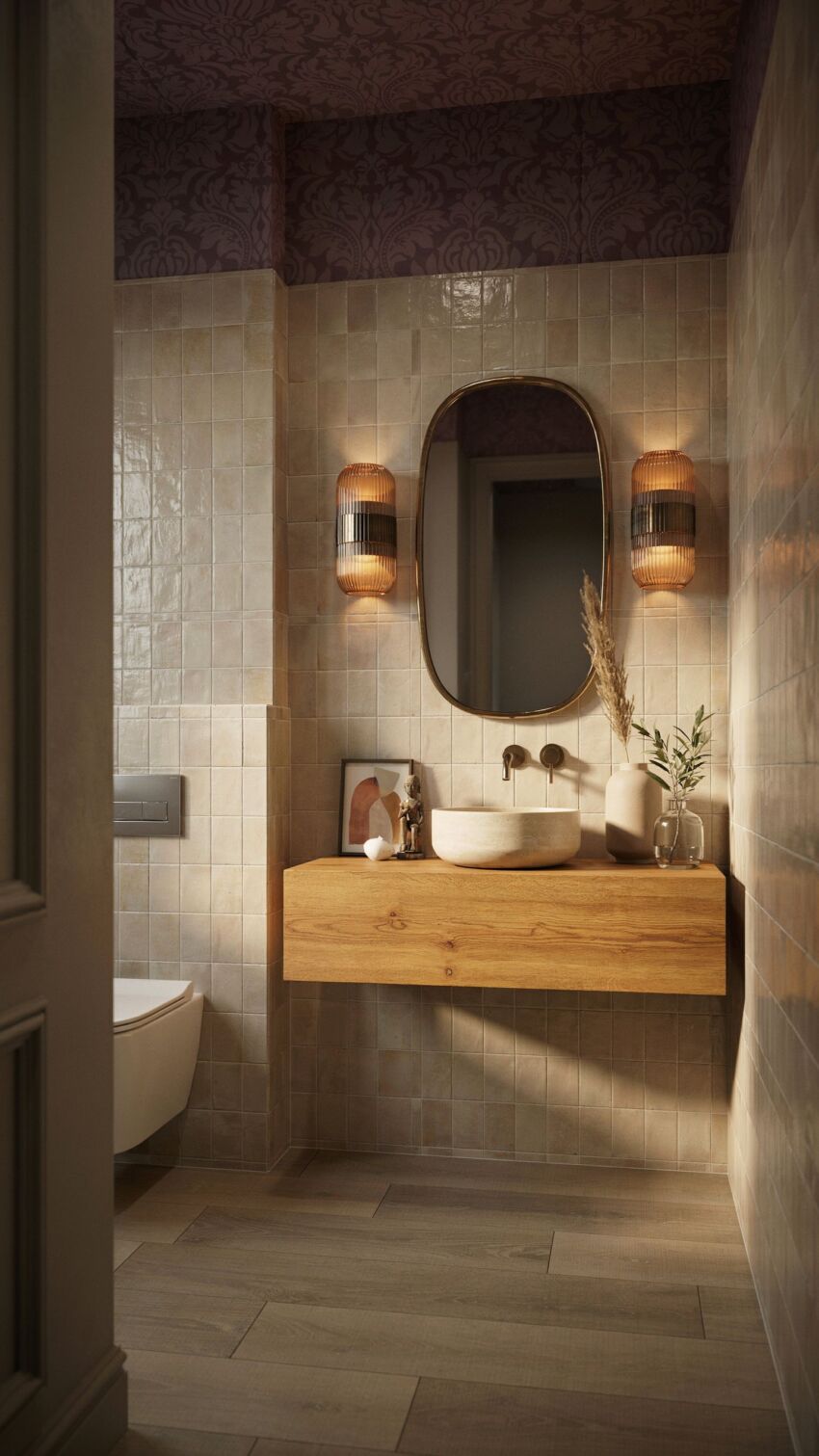 Refined Eclectic Powder Room with handmade square taupe tiles