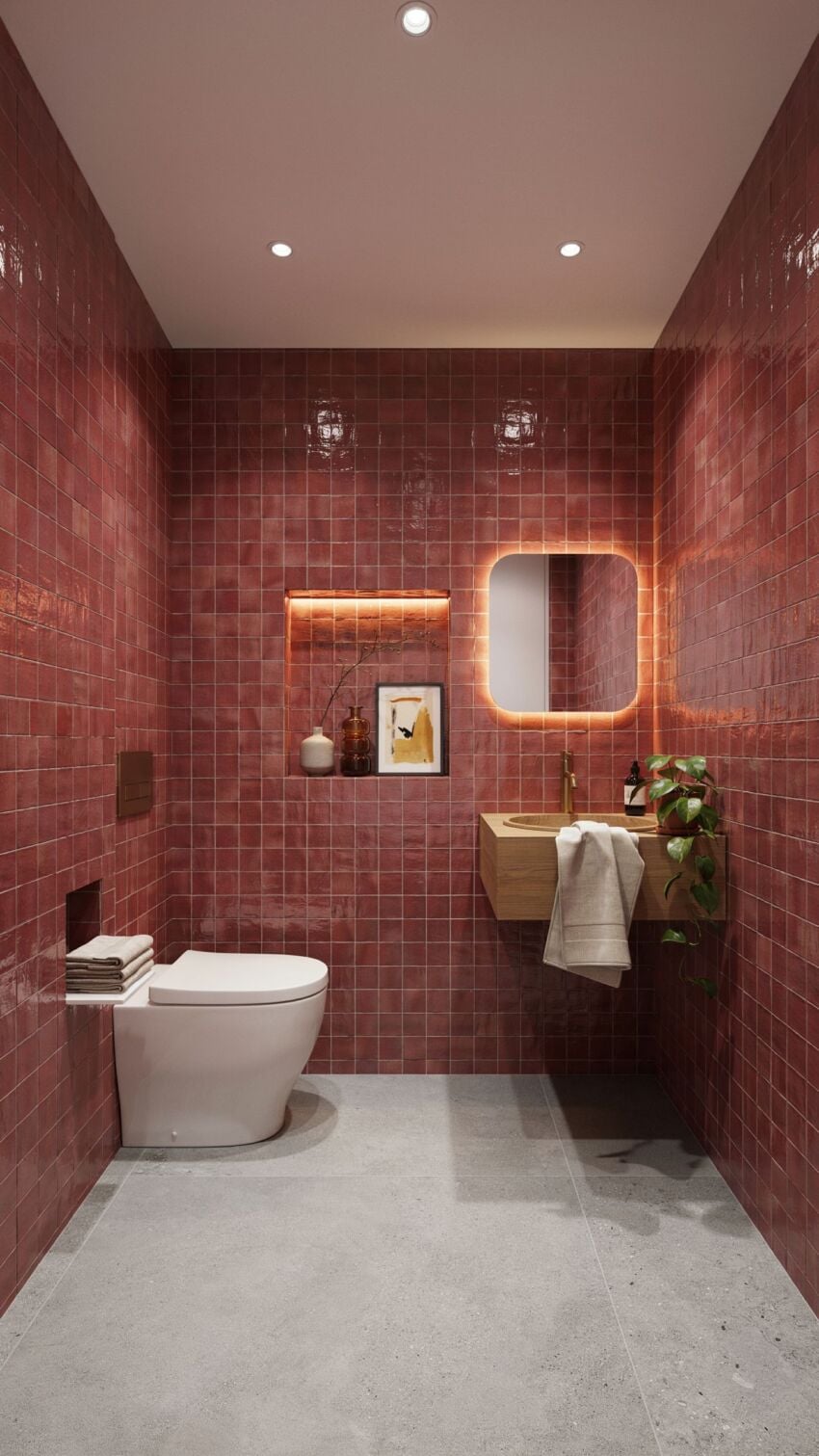 Refined Eclectic Powder Room with glossy terracotta red square tiles
