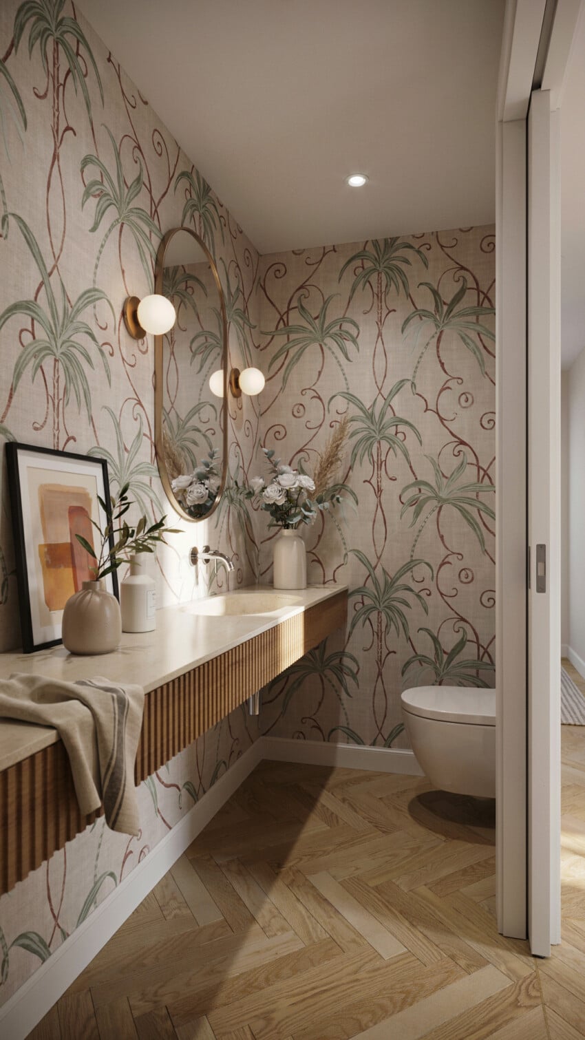Refined Eclectic Powder Room with tropical palm botanical wallpaper
