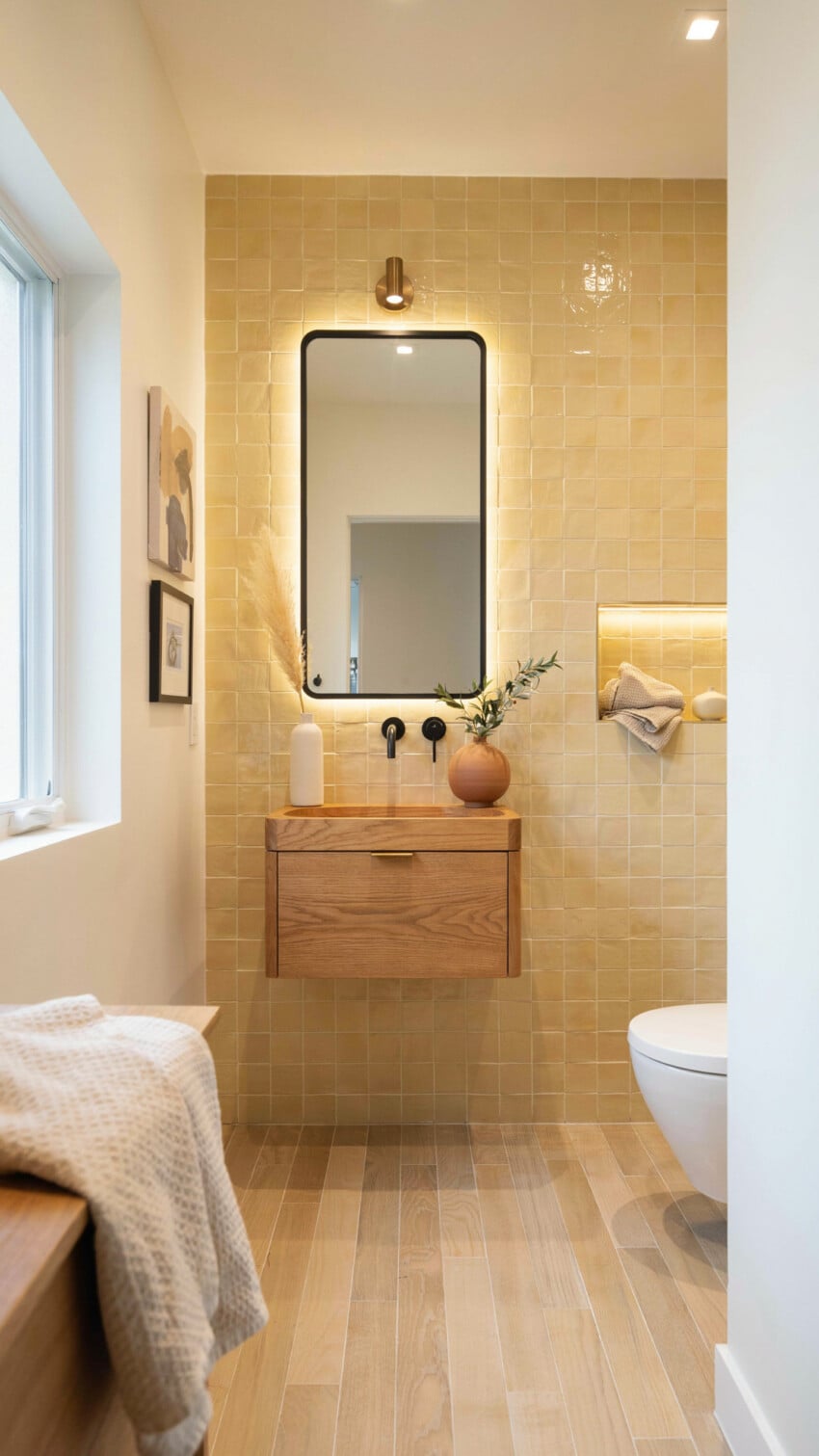 Refined Eclectic Powder Room with honey toned zellige tiles