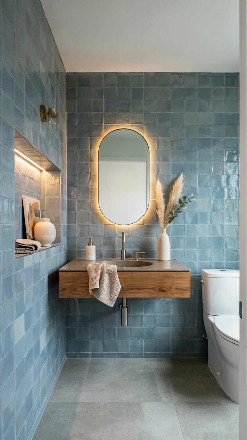 Refined Eclectic Powder Room with glossy blue zellige tiles