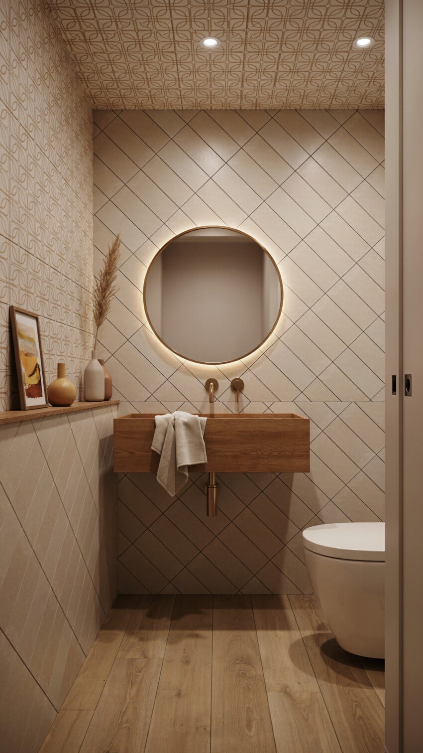 Refined Eclectic Powder Room with diagonal cream tiles