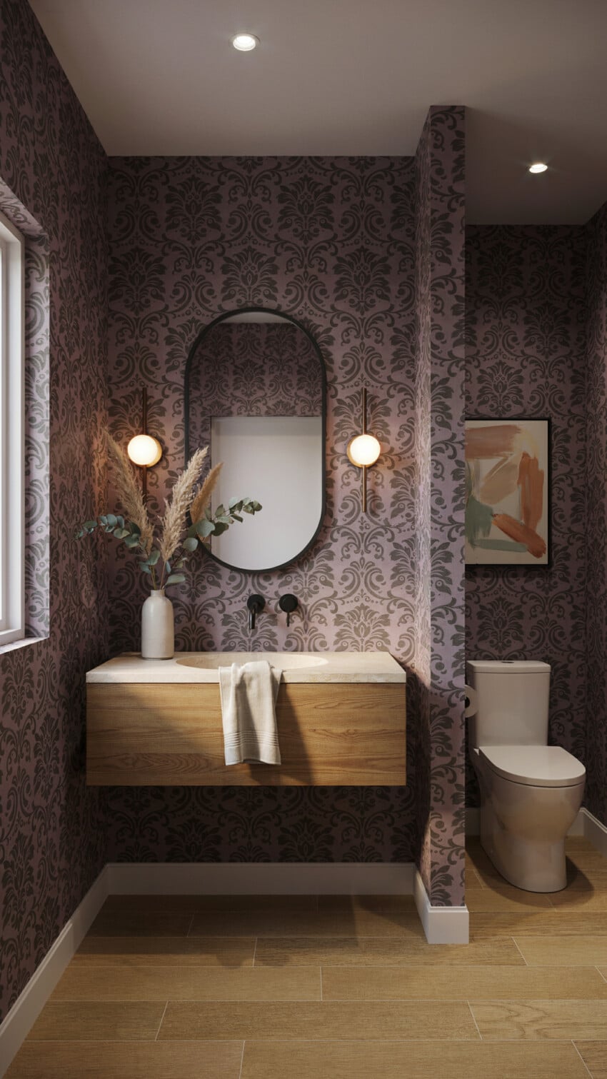 Refined Eclectic Powder Room with damask wallpaper moody mauve