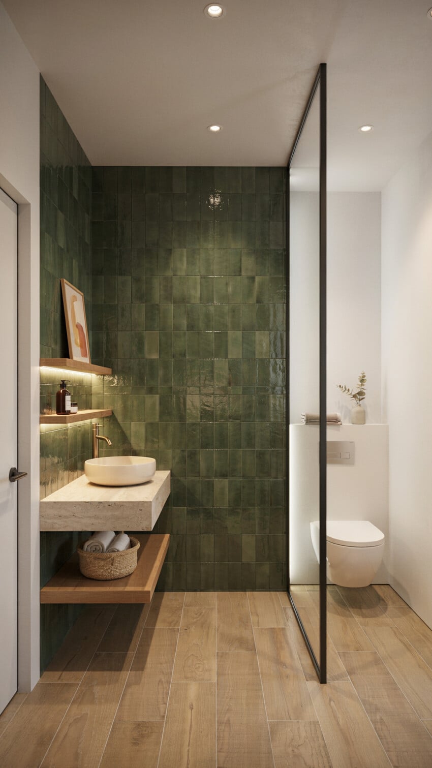 Refined Eclectic Powder Room with hand glazed forest green zellige