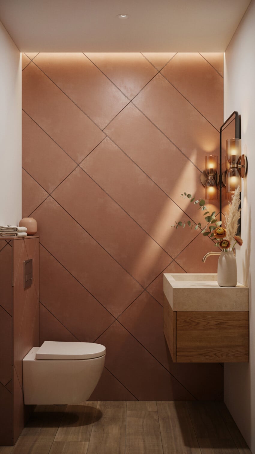 Refined Eclectic Powder Room with terracotta large format tiles