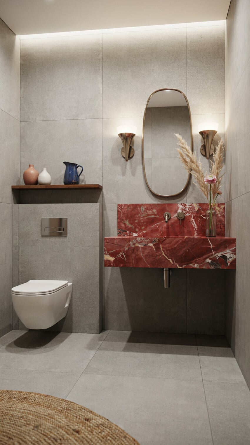 Soft Maximalist Powder Room with dramatic red marble tiles