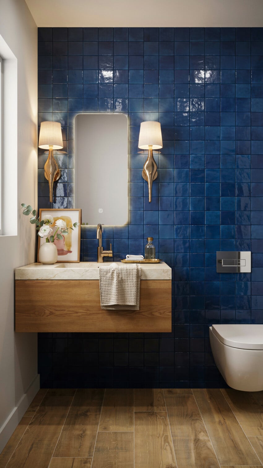 Soft Maximalist Powder Room with cobalt blue glazed square tiles