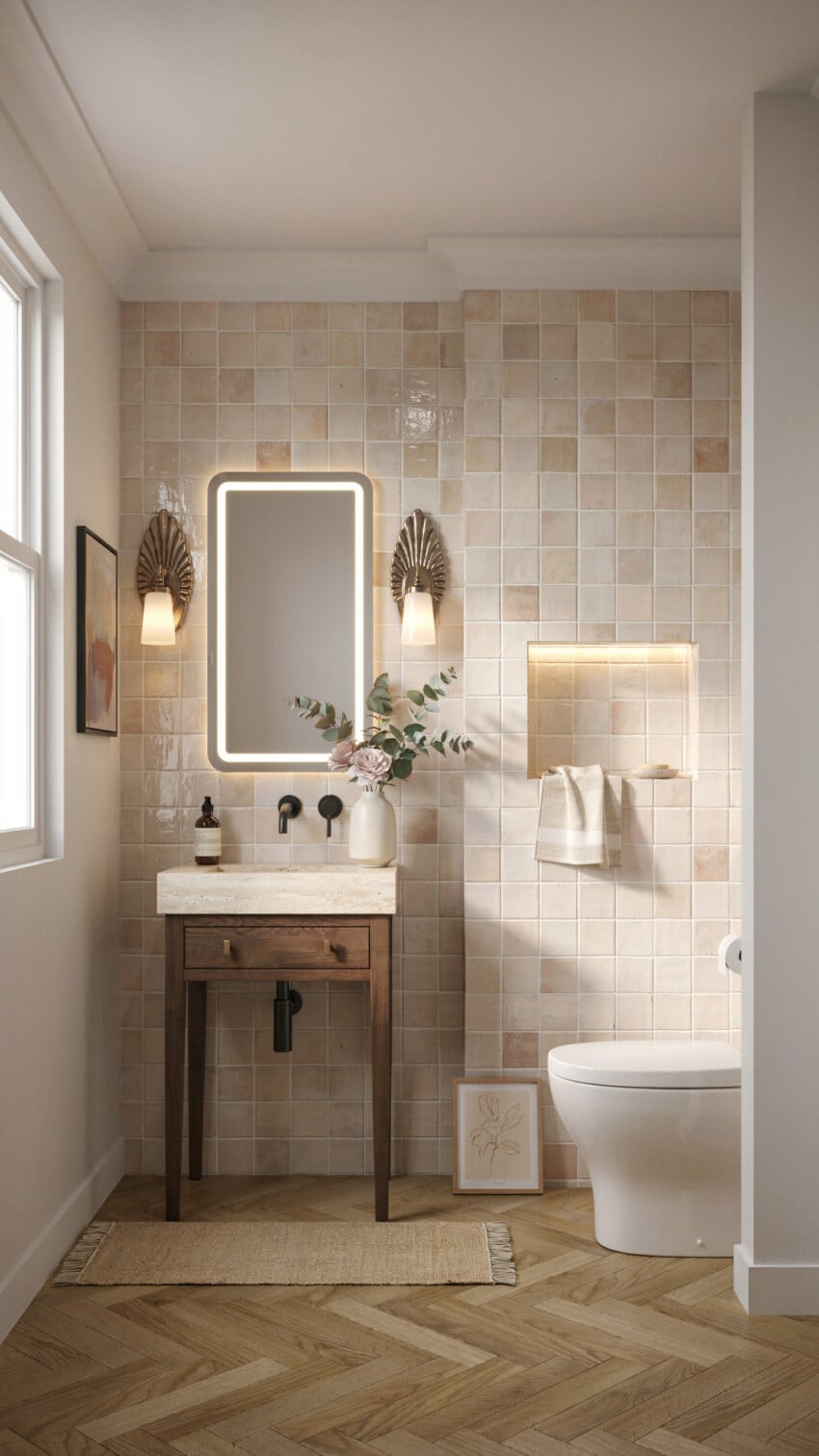 Soft Maximalist Powder Room with blush handmade square tiles