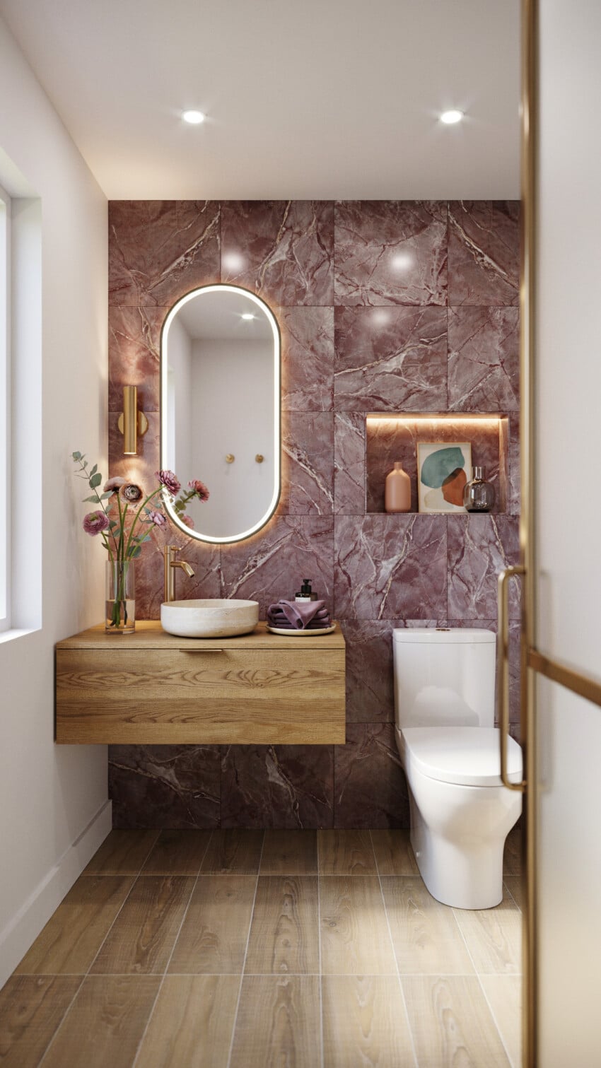 Soft Maximalist Powder Room with rose veined marble tiles
