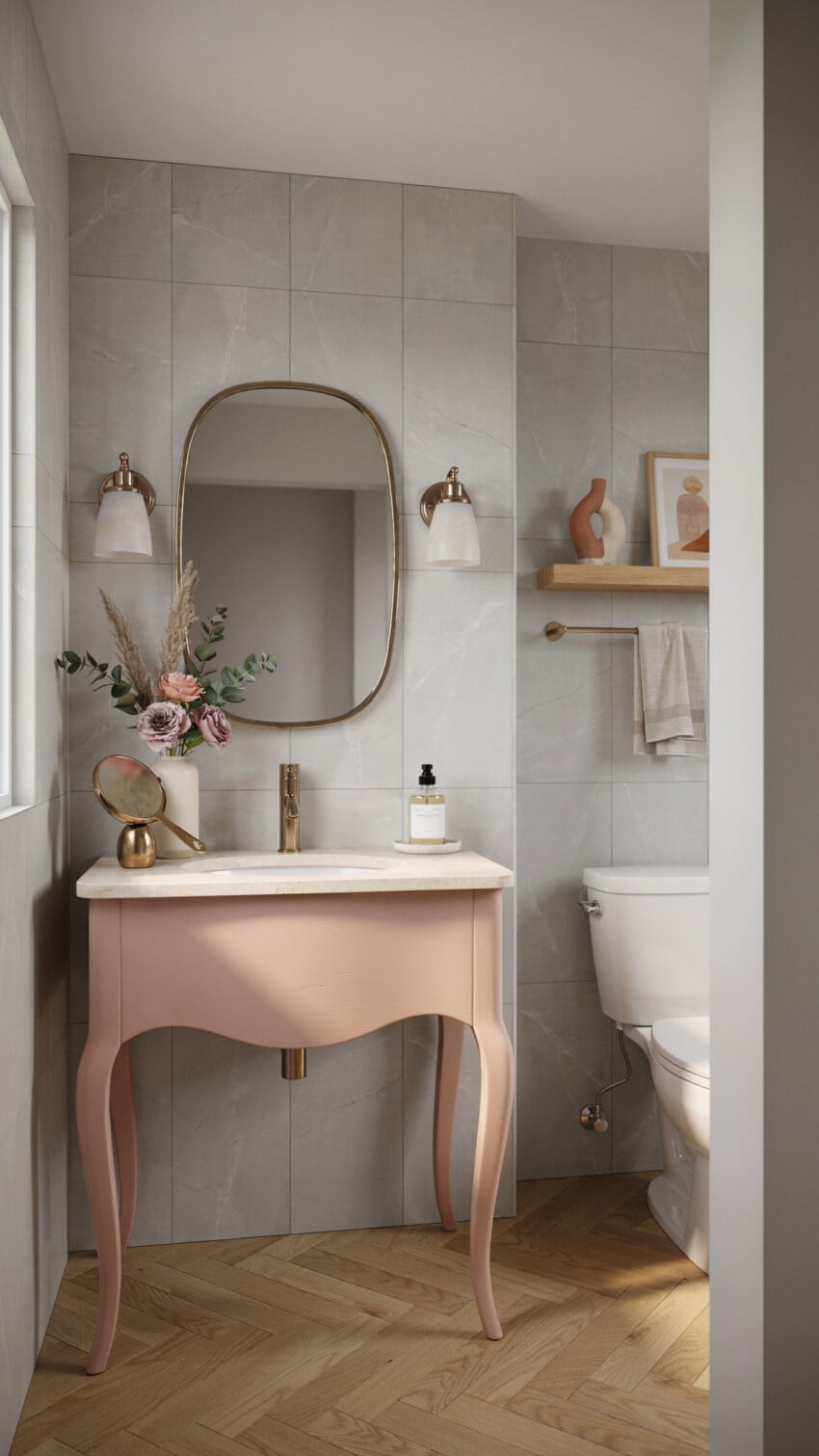 Soft Maximalist Powder Room with large format grey marble effect tiles
