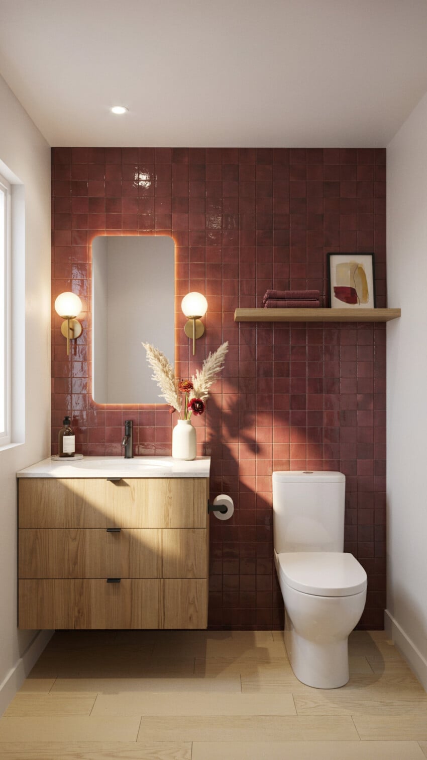 Soft Maximalist Powder Room with burgundy zellige tiles