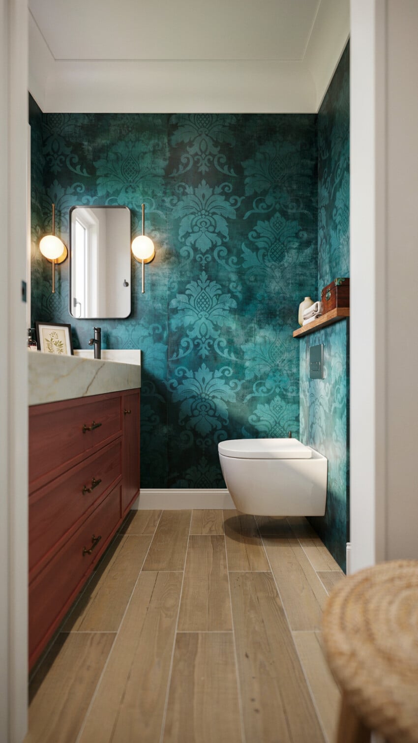 Warm Modern Powder Room with teal damask wallpaper