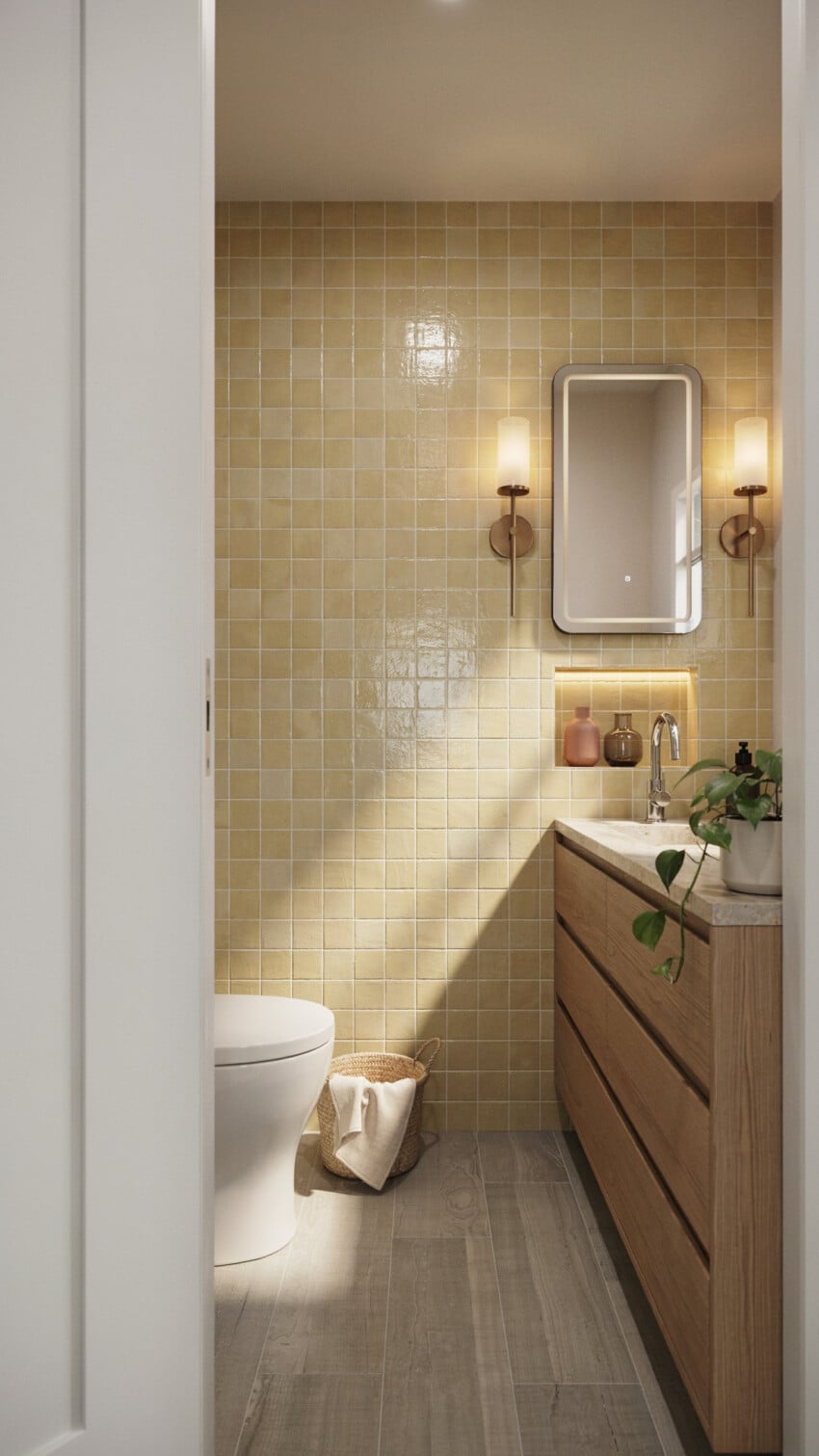 Warm Modern Powder Room with golden yellow handmade tiles