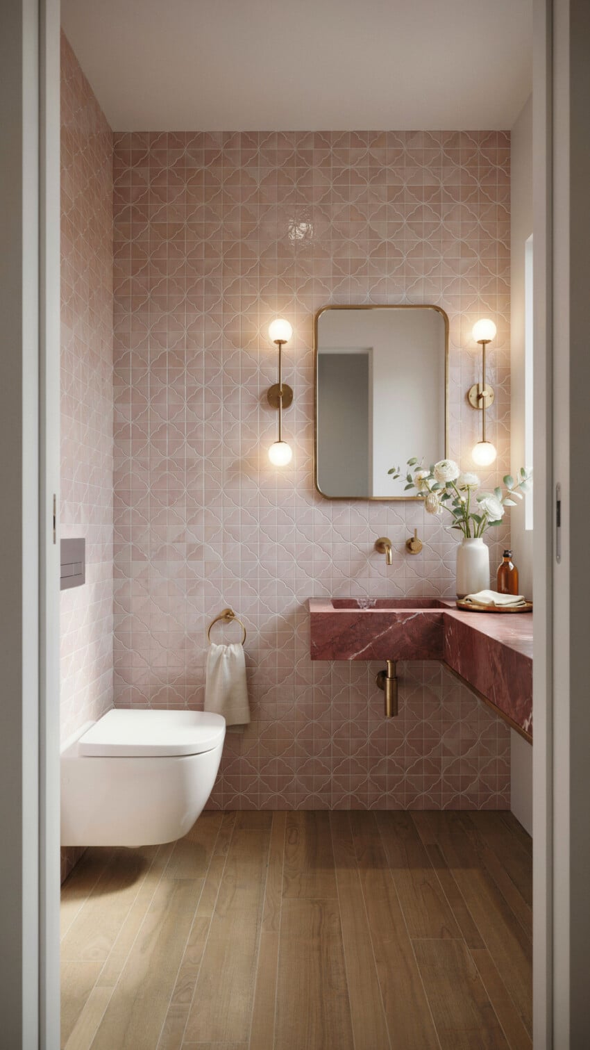 Warm Modern Powder Room with dusty rose geometric tiles