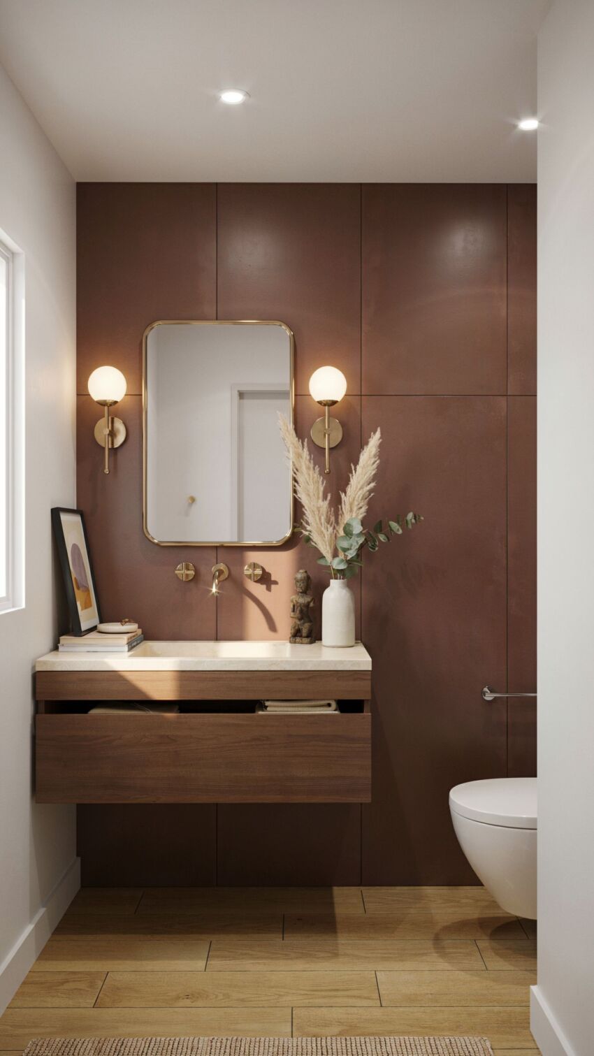 Warm Modern Powder Room with terracotta large format panels