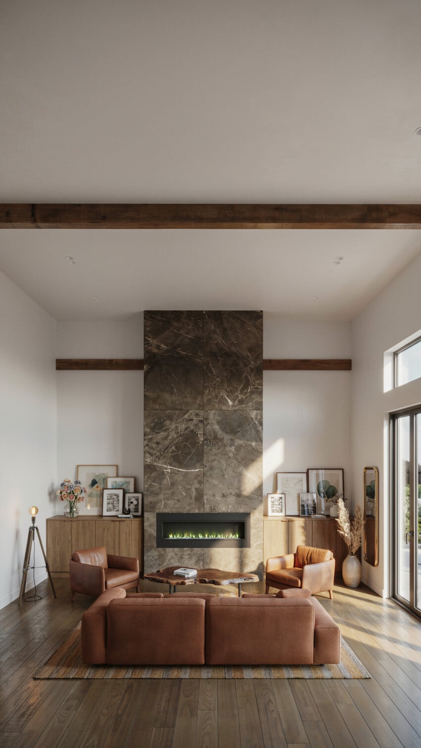Small Living Room With Floor-to-Ceiling Marble Fireplace