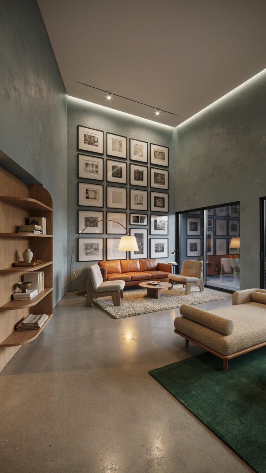 Tall Gallery Accent Wall with Leather and Boucle Seating