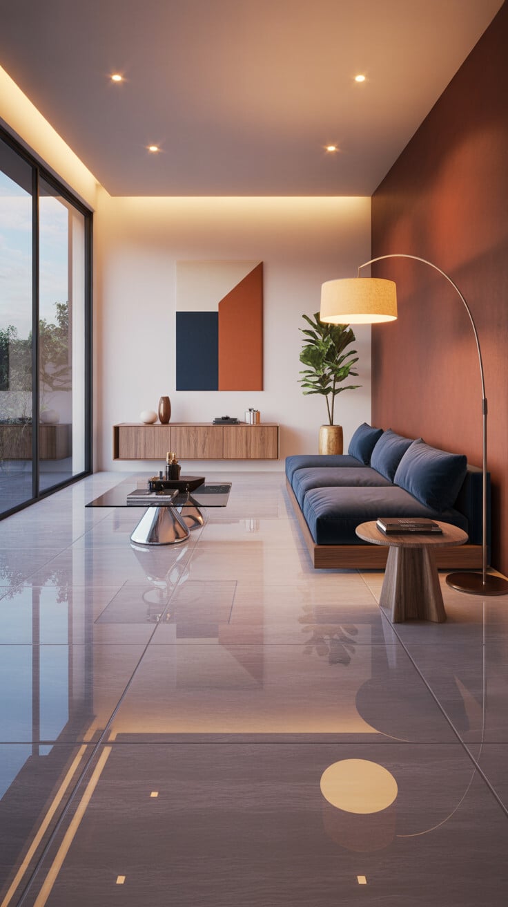 Terracotta Accent Wall with Navy Sofa and Arc Lamp