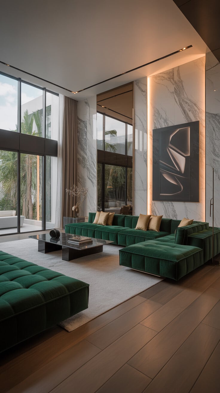 Marble Accent Wall with Emerald Velvet Sectional and Gold Accents